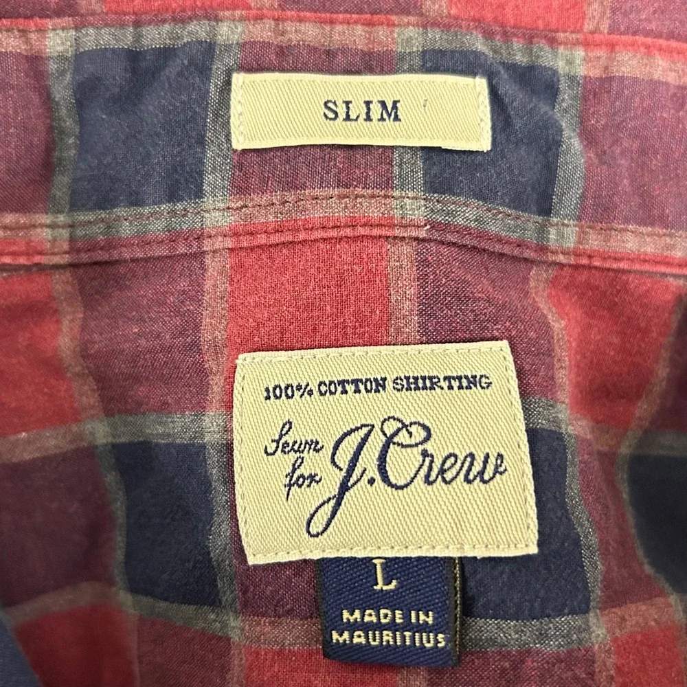 J. Crew Large Slim Fit Button Down Shirt Red Blue Plaid Cotton Casual Mens